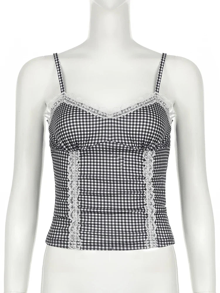 Cami Tops- Women Sleeveless Plaid Top - Gingham Lace Accents Cami- - IndioGear.com