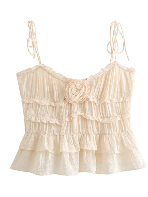 Camis- Ruffle Frill Cami Top with Floral Appliqué & Tie-Shoulder- - IndioGear Fashion and Gear