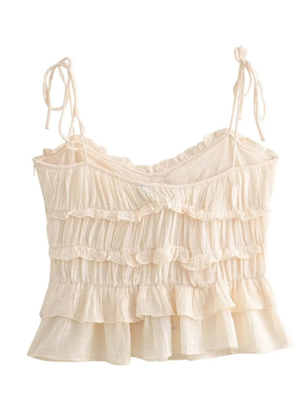 Camis- Ruffle Frill Cami Top with Floral Appliqué & Tie-Shoulder- - IndioGear Fashion and Gear