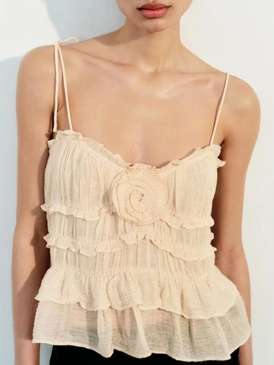 Camis- Ruffle Frill Cami Top with Floral Appliqué & Tie-Shoulder- Cracker khaki- IndioGear Fashion and Gear