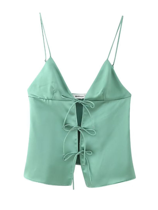 Camis- Satin Women's Silky Tie-Up Bow Cami Top for Summer- Green- IndioGear Fashion and Gear