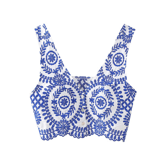 Camis Tops- Boho Blue Embroidered Crop Top- Blue- IndioGear.com