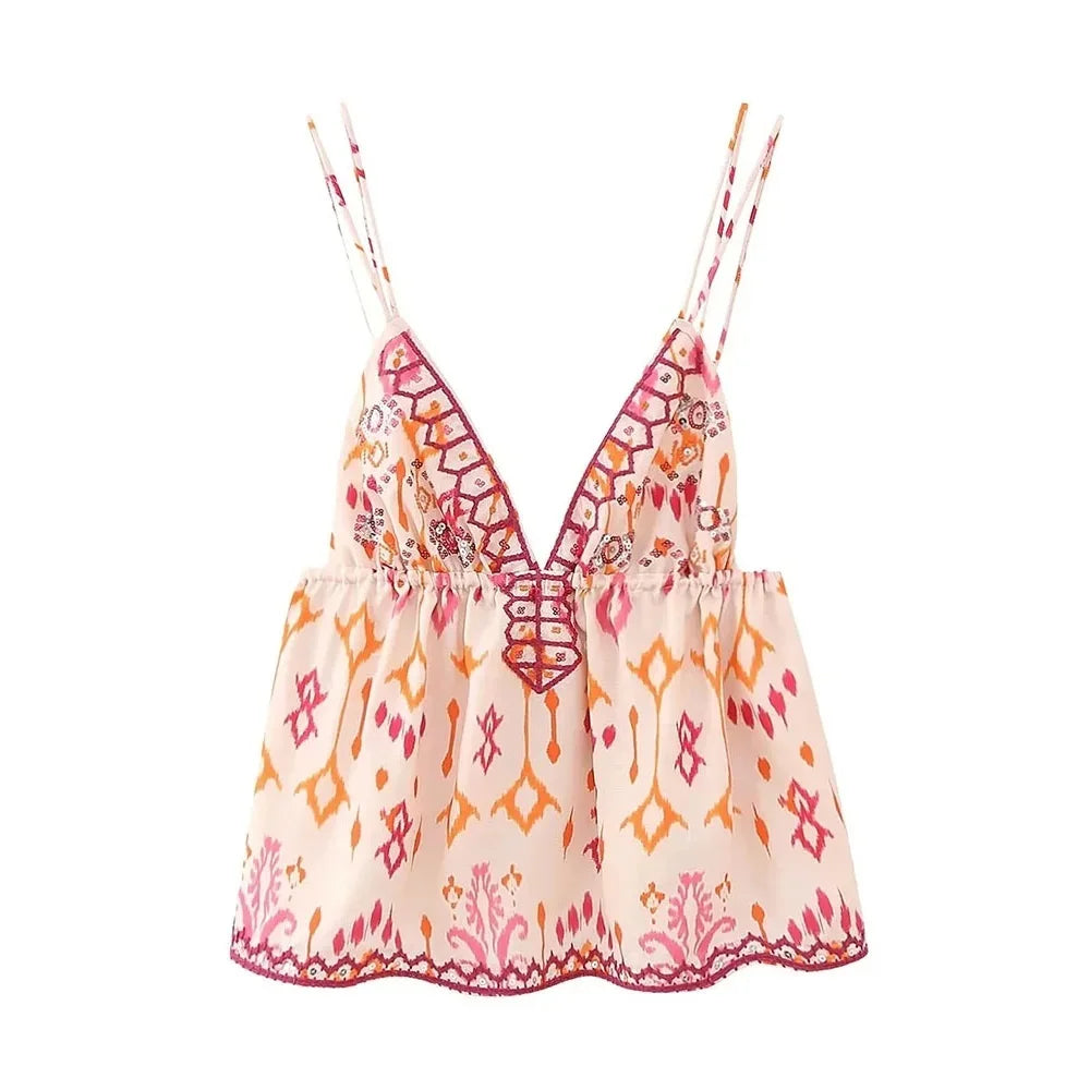 Boho-Chic Festival Colorful Embroidered Camisole Top