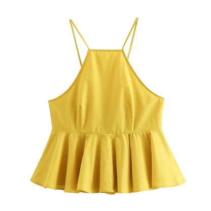 Camis Tops- Women Halter Peplum Cami - Tailored Lace-Up Top- Yellow- IndioGear.com