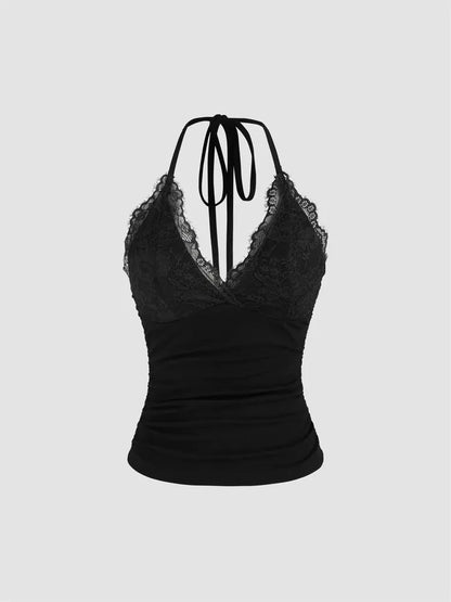 Camis Tops- Women's Halter Cami with Lace Trimmed Bust for Festivals- Black- IndioGear.com