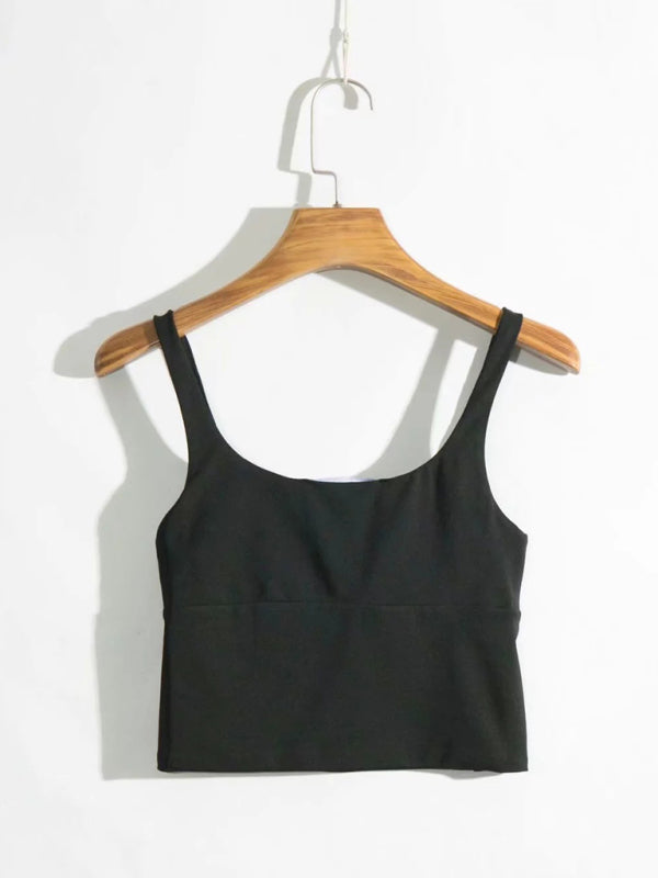 Camis- Women's Sleeveless Square Cami Top with Pleated Bust- Black- IndioGear Fashion and Gear