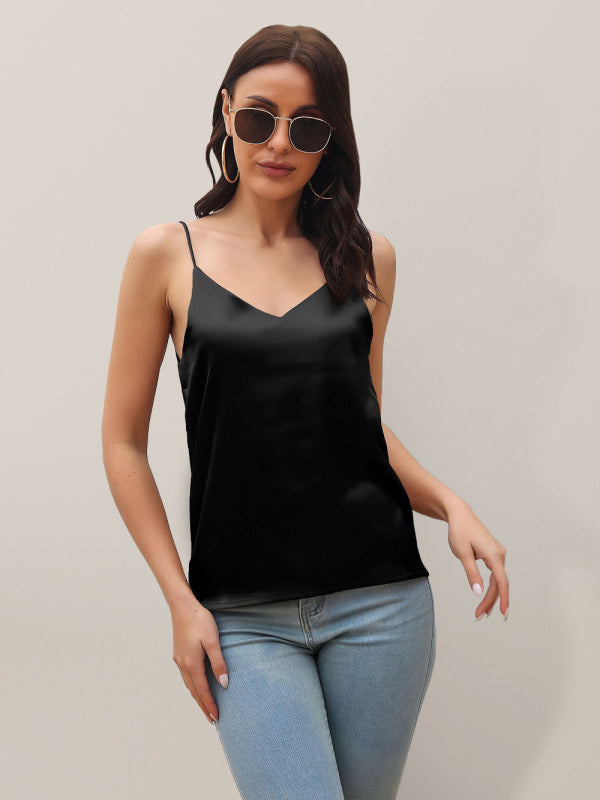 Camisole Tops- Slim Fit V-neck Satin Camisole Top- Black- IndioGear.com