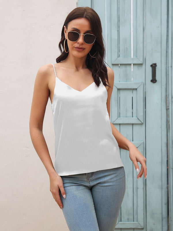 Camisole Tops- Slim Fit V-neck Satin Camisole Top- - IndioGear.com