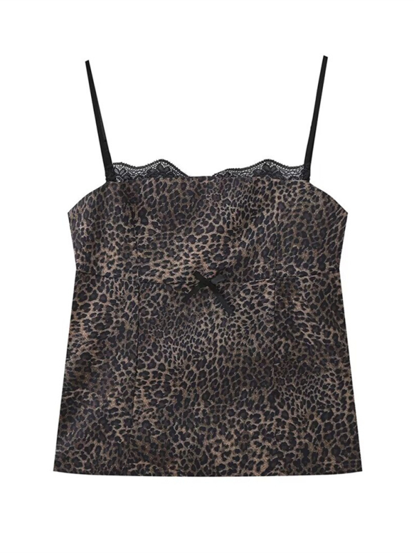 Camisoles- Satin Women's Leopard Print Camisole with Lace Accents- Leopard- IndioGear.com