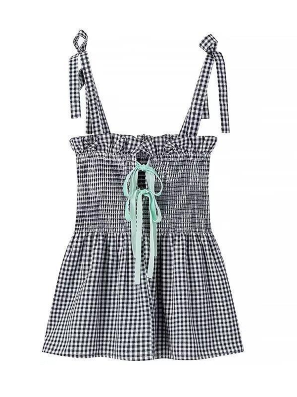 Camisoles- Women's Gingham Plaid Tie-Shoulder Peplum Camisole- - IndioGear.com