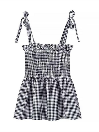 Camisoles- Women's Gingham Plaid Tie-Shoulder Peplum Camisole- - IndioGear.com