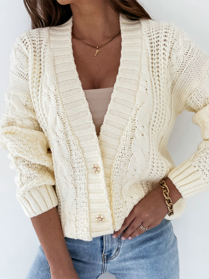 Cardigan Sweaters- Textured Cardigan Cable Knit Crop Sweater- - IndioGear.com