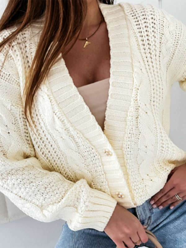 Cardigan Sweaters- Textured Cardigan Cable Knit Crop Sweater- - IndioGear.com