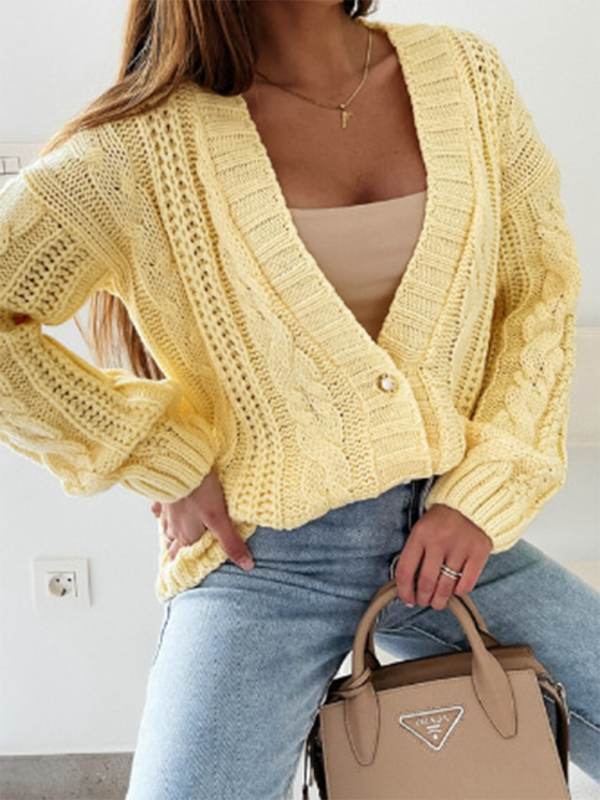 Cardigan Sweaters- Textured Cardigan Cable Knit Crop Sweater- Yellow- IndioGear.com