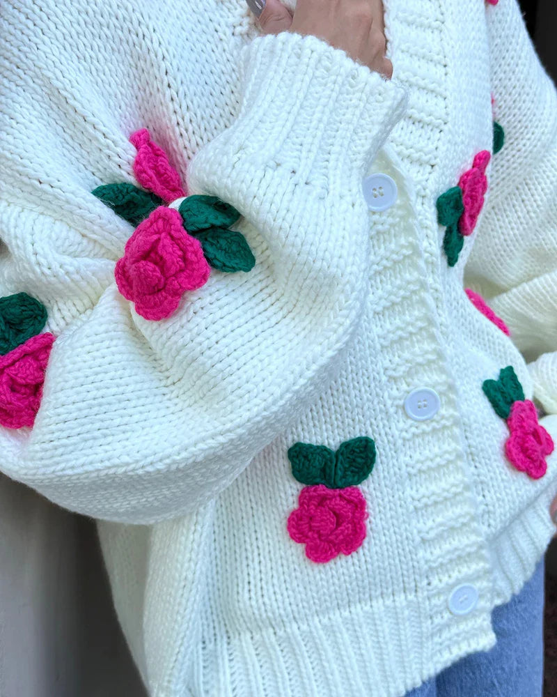 Cardigans- 3D Floral Chunky Knit Cardigan for Cozy Days- - IndioGear.com