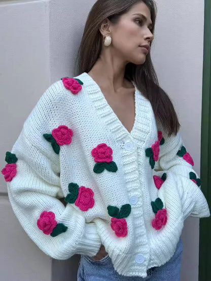 Cardigans- 3D Floral Chunky Knit Cardigan for Cozy Days- - IndioGear.com