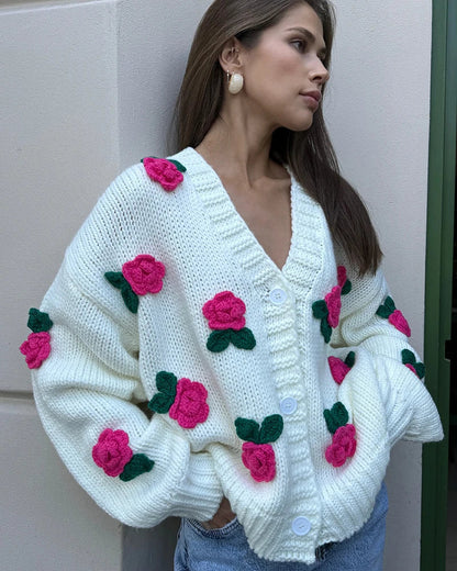 Cardigans- 3D Floral Chunky Knit Cardigan for Cozy Days- - IndioGear.com