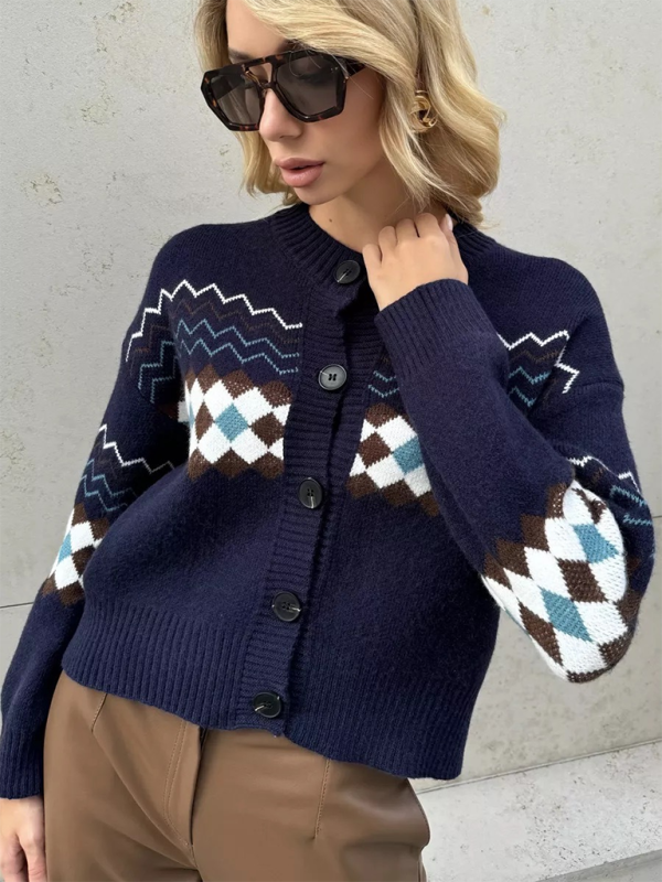 Cardigans- Argyle Check Knit Cropped Cardigan- Champlain color- IndioGear.com