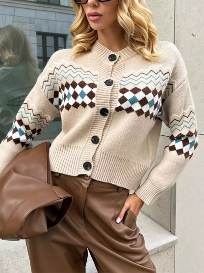 Cardigans- Argyle Check Knit Cropped Cardigan- - IndioGear.com