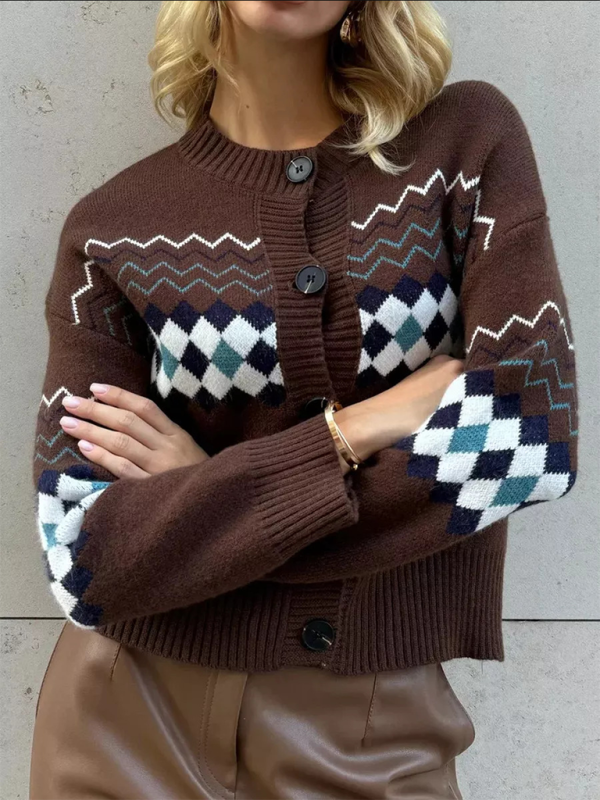 Cardigans- Argyle Check Knit Cropped Cardigan- Coffee- IndioGear.com