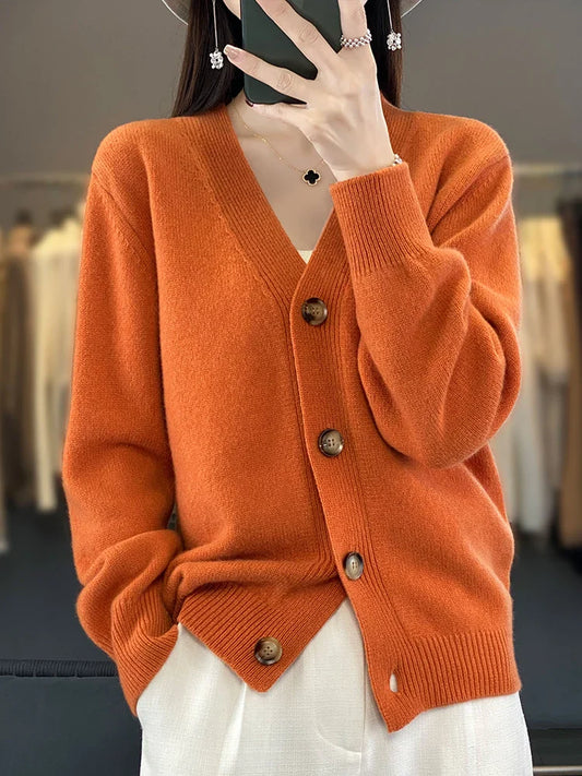 Cardigans- Autumn Wool Cardigan Grandpa Sweater for Chilly Evenings- Orange- IndioGear Women Clothing