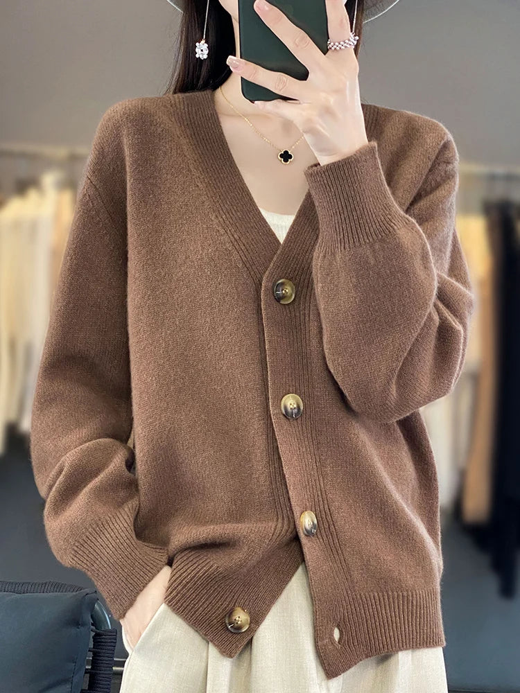 Cardigans- Autumn Wool Cardigan Grandpa Sweater for Chilly Evenings- Coffee- IndioGear Women Clothing