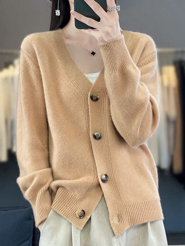 Cardigans- Autumn Wool Cardigan Grandpa Sweater for Chilly Evenings- Camel- IndioGear Women Clothing