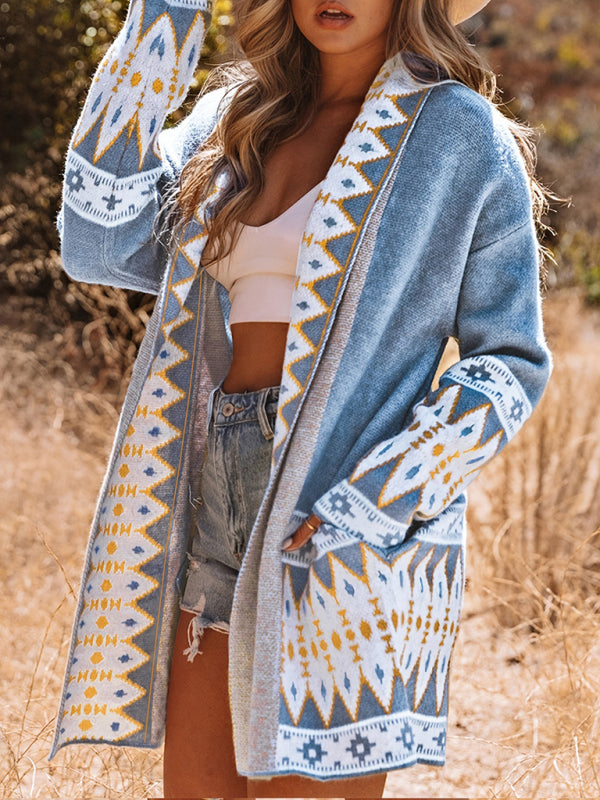 Cardigans- Aztec Knit Cardigan Autumn Open-Front Layer- Blue- IndioGear Women Clothing