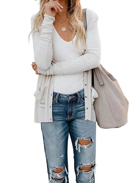 Cardigans- Boyfriend Cardigan for Casual Outings Fall Layering- White- IndioGear.com