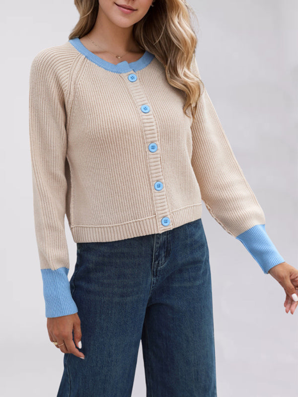 Cardigans- Buttoned Crop Cardigan Dual-tone Knit Jacket- - IndioGear Women Clothing