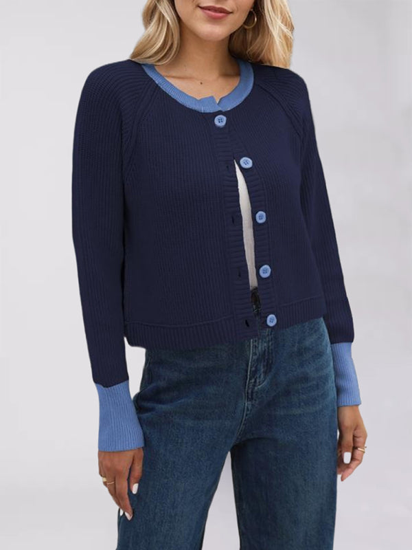 Cardigans- Buttoned Crop Cardigan Dual-tone Knit Jacket- Purplish blue navy- IndioGear Women Clothing