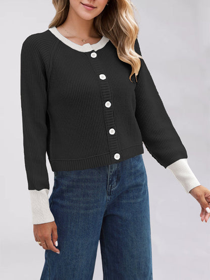 Cardigans- Buttoned Crop Cardigan Dual-tone Knit Jacket- Black- IndioGear Women Clothing