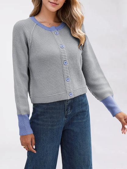 Cardigans- Buttoned Crop Cardigan Dual-tone Knit Jacket- Grey- IndioGear Women Clothing