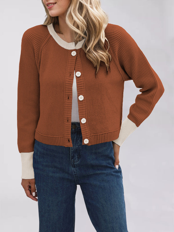 Cardigans- Buttoned Crop Cardigan Dual-tone Knit Jacket- Coffee- IndioGear Women Clothing