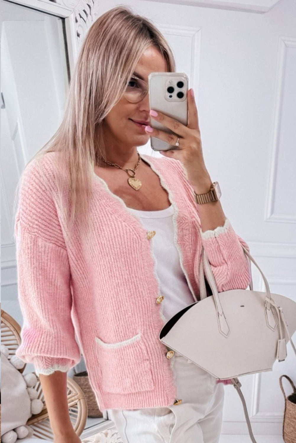 Cardigans- Buttoned Knitwear Scalloped Cardigan- - IndioGear Women Clothing