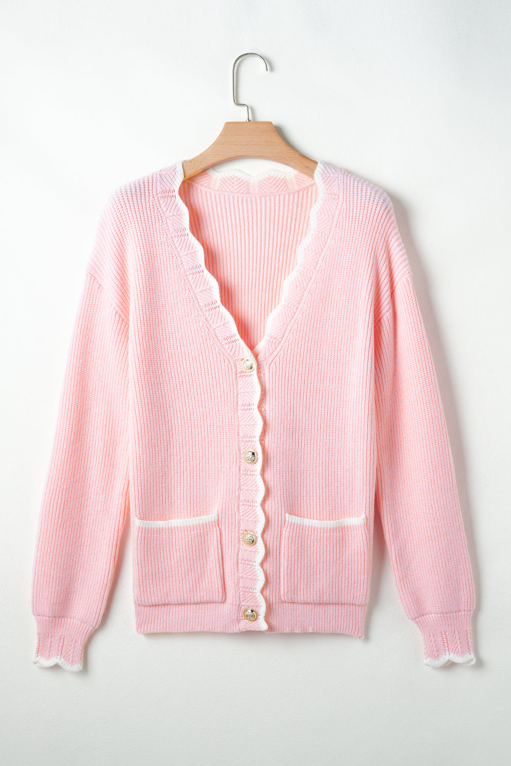 Cardigans- Buttoned Knitwear Scalloped Cardigan- - IndioGear Women Clothing