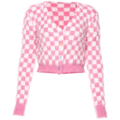 Cardigans- Checkerboard Crop Cardigan Fuzzy Cuff Plaid Sweater- Pink and White- IndioGear.com