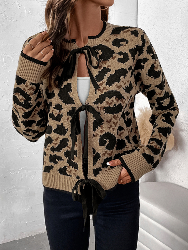 Cardigans- Chic Leopard Print Bow Tie Cardigan- - IndioGear.com