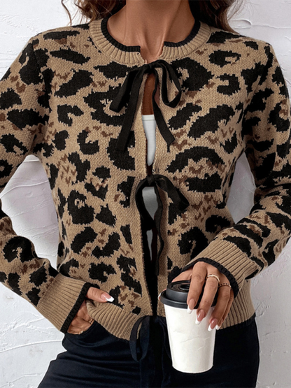 Cardigans- Chic Leopard Print Bow Tie Cardigan- - IndioGear.com