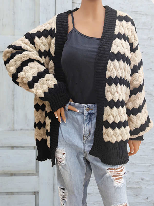 Cardigans- Chunky Geo Knit Cardigan Open-Front Sweater- - IndioGear.com