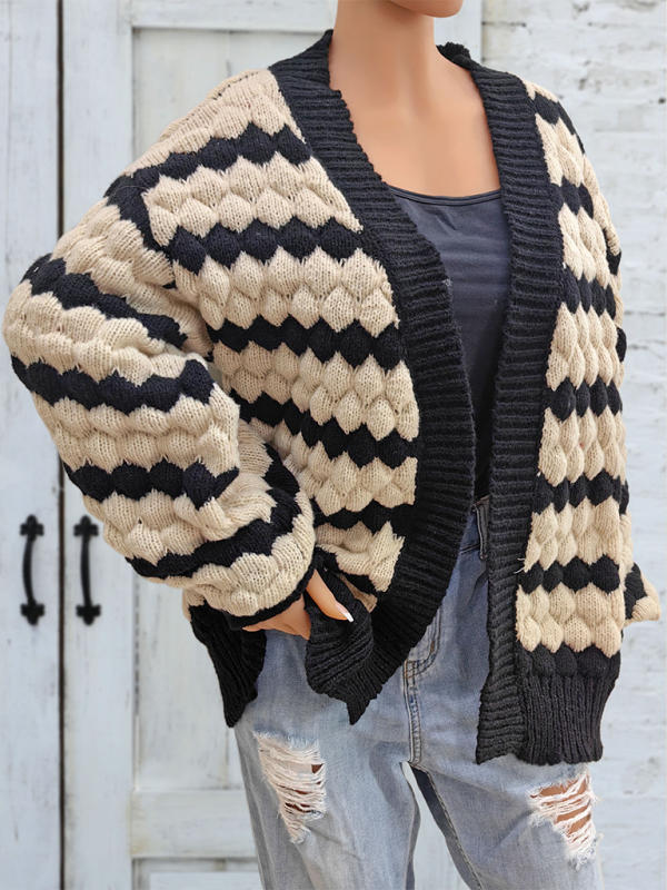 Cardigans- Chunky Geo Knit Cardigan Open-Front Sweater- - IndioGear.com