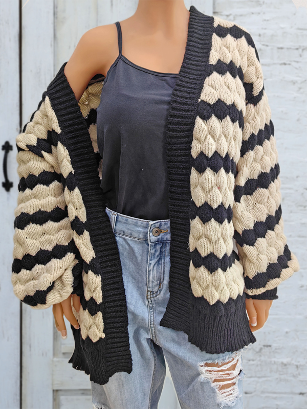 Cardigans- Chunky Geo Knit Cardigan Open-Front Sweater- - IndioGear.com