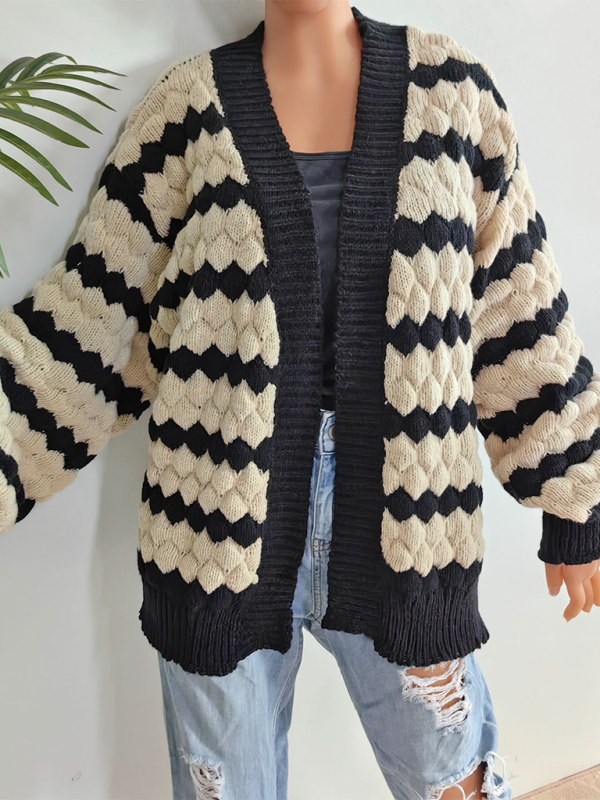 Cardigans- Chunky Geo Knit Cardigan Open-Front Sweater- - IndioGear.com