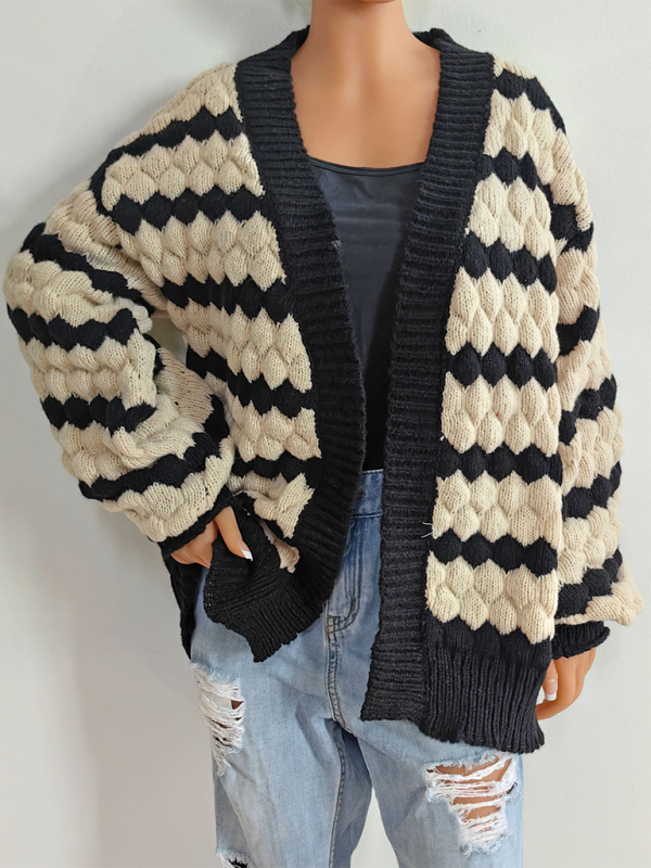 Cardigans- Chunky Geo Knit Cardigan Open-Front Sweater- - IndioGear.com