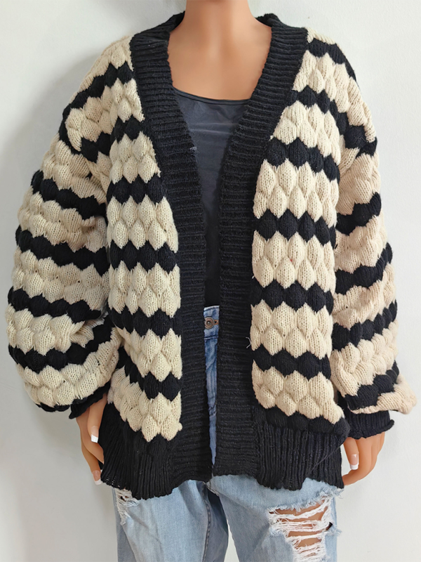 Cardigans- Chunky Geo Knit Cardigan Open-Front Sweater- - IndioGear.com