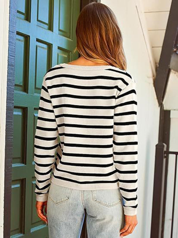 Cardigans- Classic Striped Cardigan Sweater with Golden Buttons- - IndioGear Women Clothing