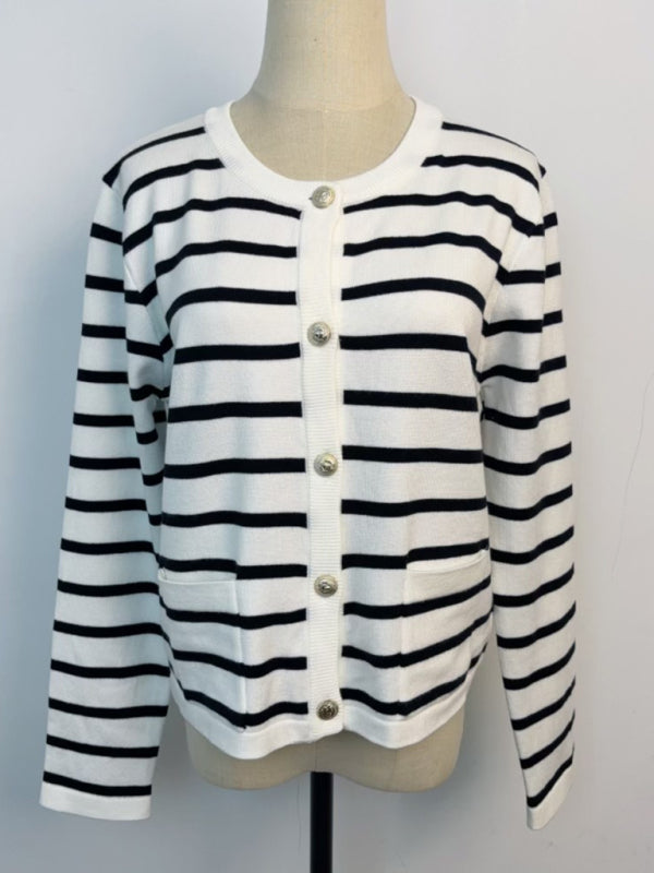 Cardigans- Classic Striped Cardigan Sweater with Golden Buttons- - IndioGear Women Clothing