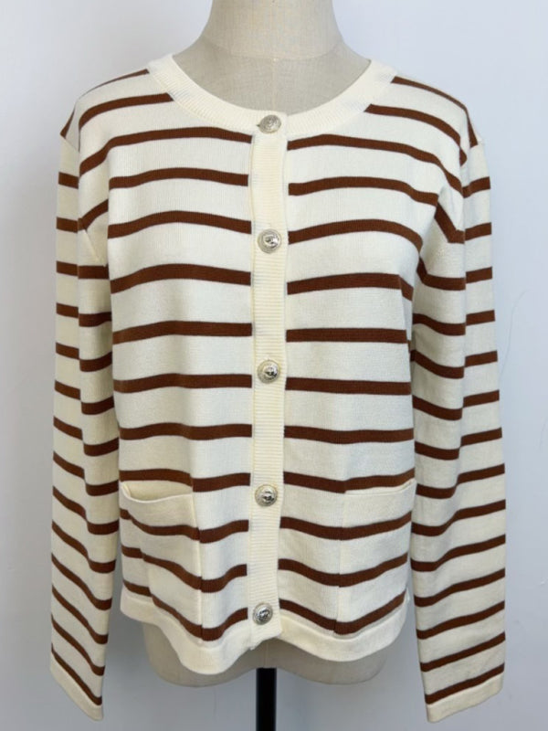 Cardigans- Classic Striped Cardigan Sweater with Golden Buttons- Cracker khaki- IndioGear Women Clothing