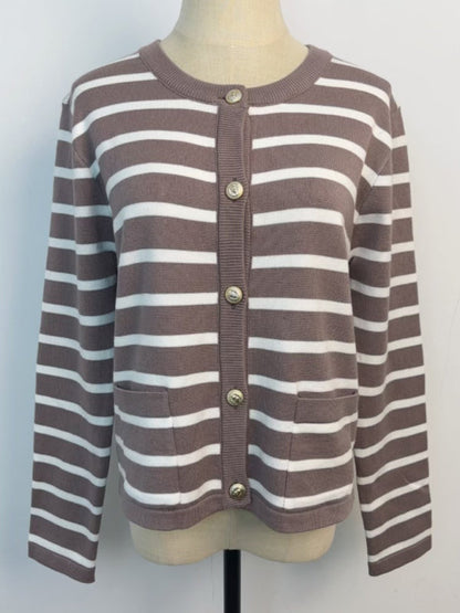 Cardigans- Classic Striped Cardigan Sweater with Golden Buttons- - IndioGear Women Clothing