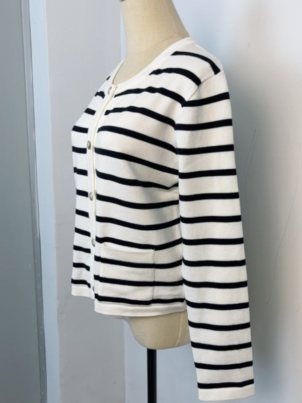 Cardigans- Classic Striped Cardigan Sweater with Golden Buttons- - IndioGear Women Clothing